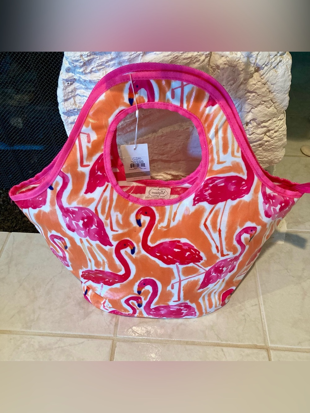 NWT Mud Pie Bold flamingo print Cooler- Bright pink trim and handles